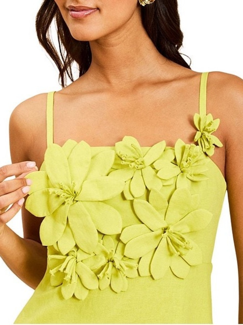 Floral Appliqué Spaghetti-Strap Midi Dress - Lime